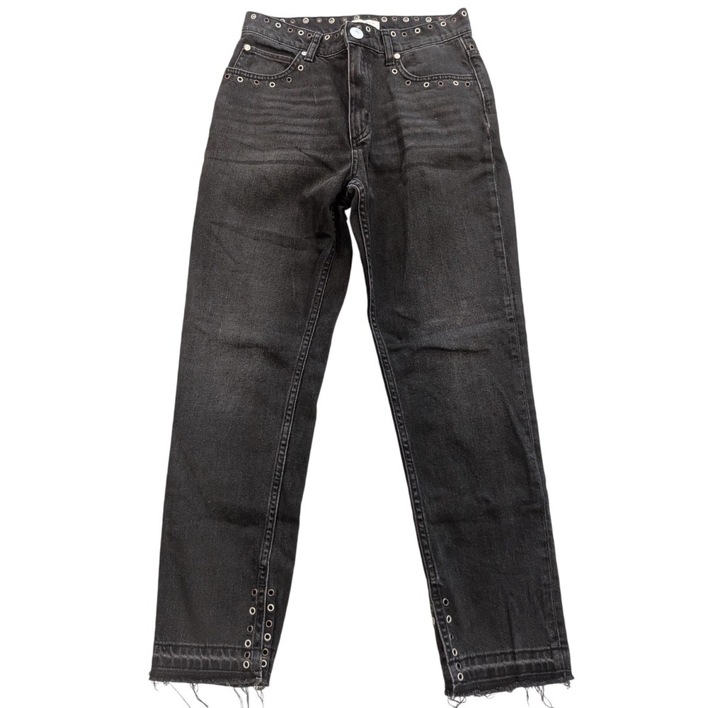 SANDRO Paris Grommet Eyelet Straight Leg Jeans Faded Black Raw Hem Size 38 US 27
